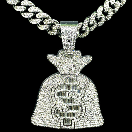Iced Out Money Bag Pendant Chain – Hip Hop Bling Cuban Link Necklace