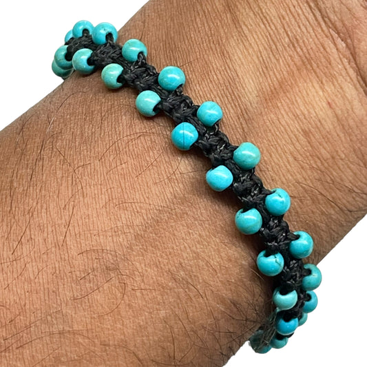 Handmade Turquoise Bracelet – 4mm Beads | Adjustable Macrame Black Cord Unisex Jewelry