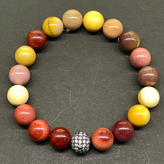 Handmade Mookaite Jasper Stretch Bracelet – 10mm Natural Beads with CZ Disco Ball Accent
