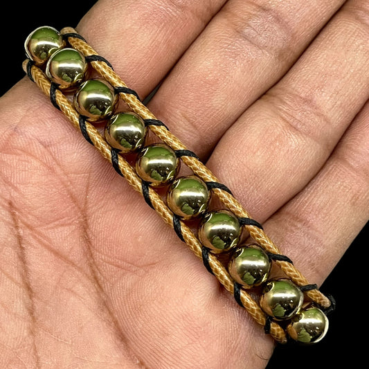 Handmade Golden Hematite Bracelet – 8mm Beads, Double Layer Brown Cord, Adjustable Unisex Jewelry
