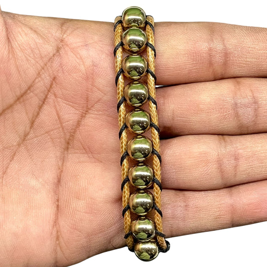 Handmade Golden Hematite Bracelet – 8mm Beads, Double Layer Brown Cord, Adjustable Unisex Jewelry
