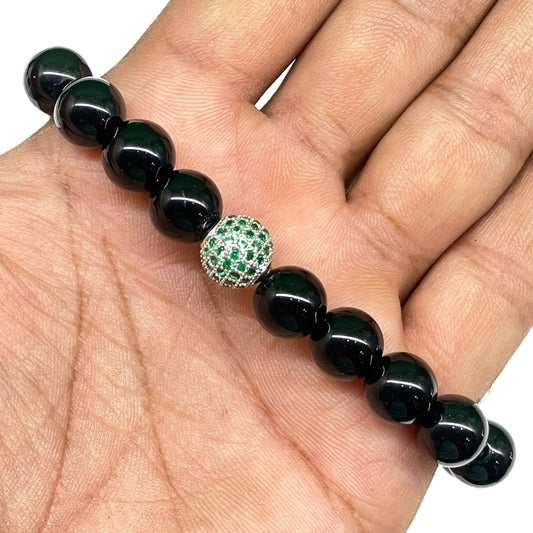 Handmade Black Onyx Stretch Bracelet – 10mm Natural Beads with CZ Disco Ball Accent