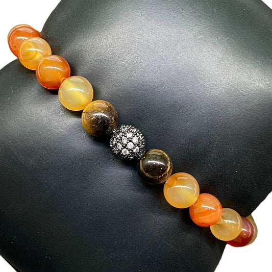 Handmade Agate Stretch Bracelet – 8mm Natural Gemstone Beads with CZ Disco Ball | Unisex Jewelry