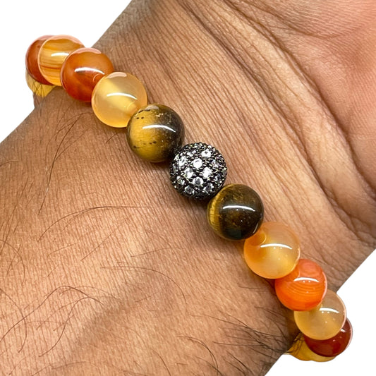 Handmade Agate Stretch Bracelet – 8mm Natural Gemstone Beads with CZ Disco Ball | Unisex Jewelry