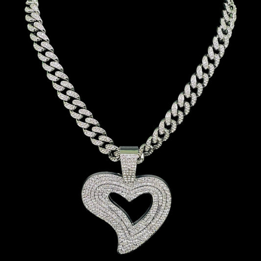 Iced out Heart Pendant with Chain Hip Hop Luxe Set White Gold Polish