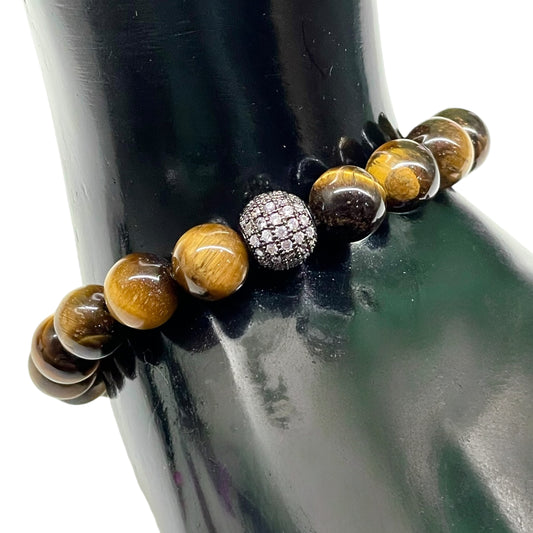 Handmade Tiger Eye Stretch Bracelet – 10mm Natural Beads with CZ Disco Ball Accent, Unisex Jewelry