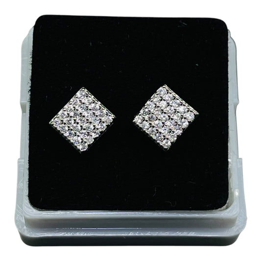 Silver Diamond-Shaped CZ Stud Earrings – Iced-Out Hip-Hop Style