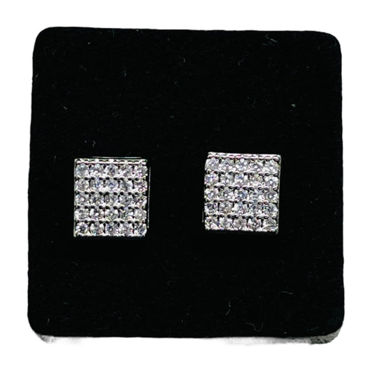 Silver Diamond-Shaped CZ Stud Earrings – Iced-Out Hip-Hop Style