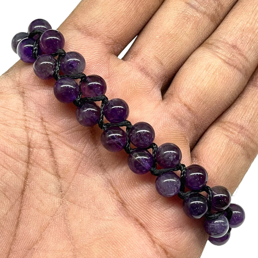 Handmade Amethyst Bracelet – 7mm Beads | Adjustable Macrame Design with Black Cord