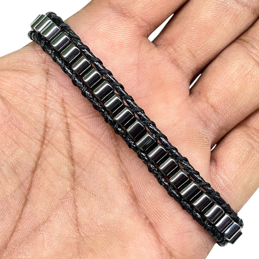 Handmade 4.5mm Hematite Tube Beads Bracelet – Black Cord Woven Adjustable Jewelry with Clasp