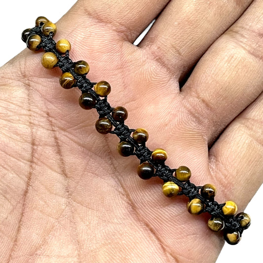 Handmade Tiger Eye Bracelet – 4mm Natural Beads | Adjustable Macrame Design with Black Cord