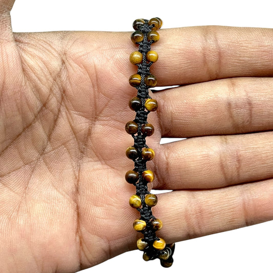 Handmade Tiger Eye Bracelet – 4mm Natural Beads | Adjustable Macrame Design with Black Cord