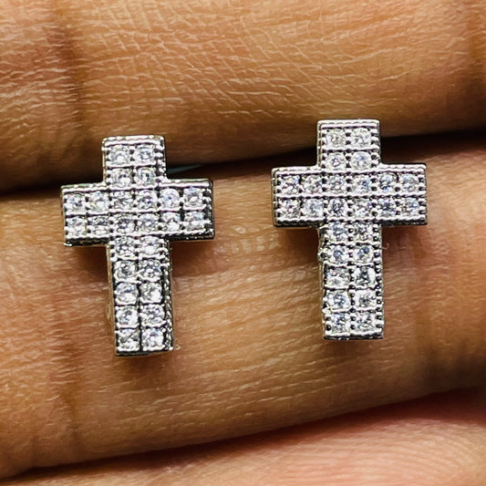 Silver-Tone Cross Stud Earrings with Iced-Out CZ Crystals