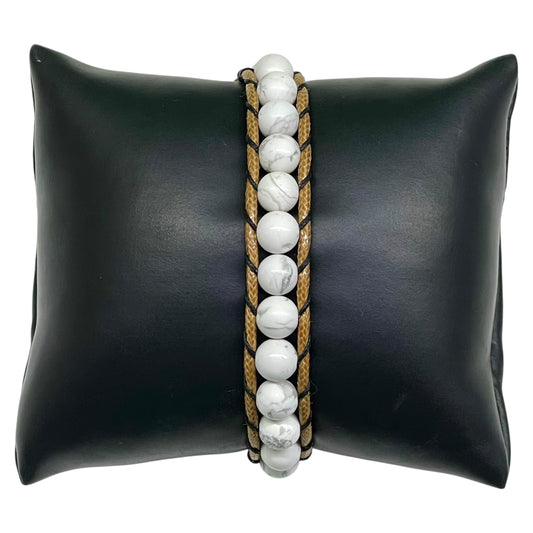 Handmade 7.5" White Howlite 8mm Bead Bracelet – Double Layer Adjustable Brown Cord