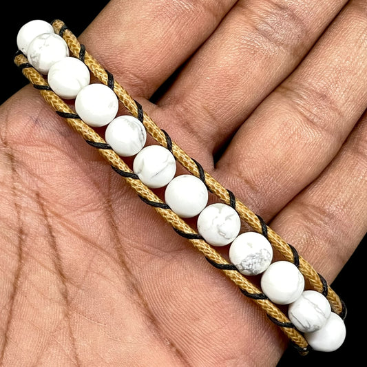 Handmade 7.5" White Howlite 8mm Bead Bracelet – Double Layer Adjustable Brown Cord