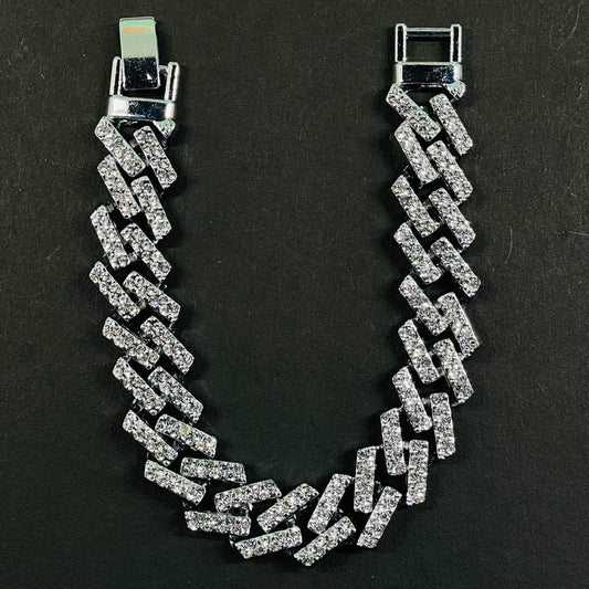 Iced Out Baguette-Style Silver Link Bracelet – Bold Geometric Hip Hop Jewelry