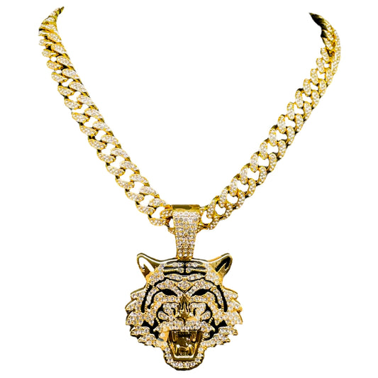 Iced Out Gold Tiger Pendant Necklace – Bold Cuban Link Chain