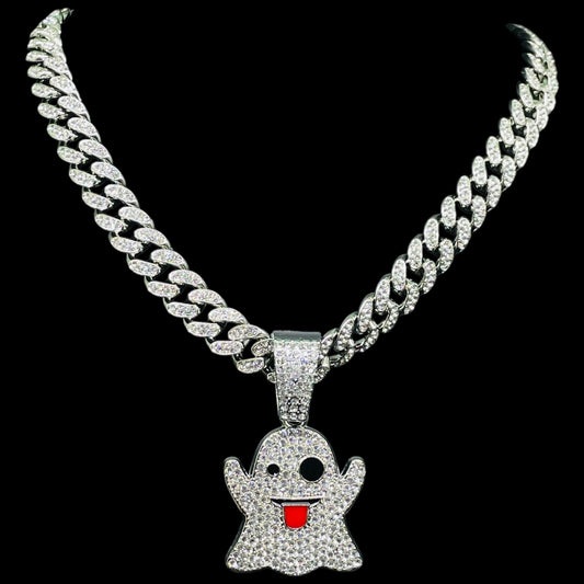 Iced Out Winking Ghost Pendant Necklace – Fun & Flashy Cuban Link Chain