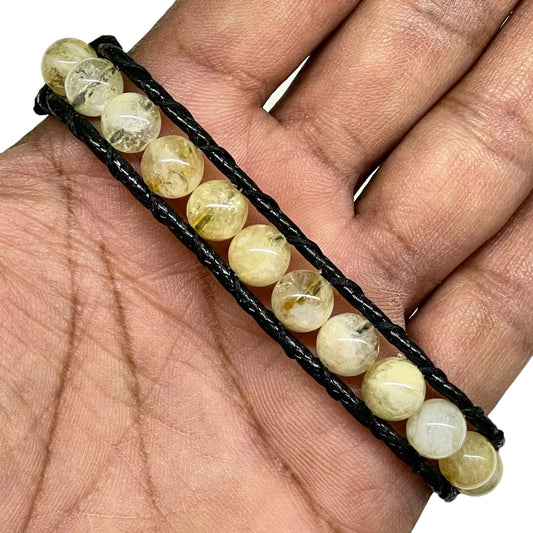 Handmade 8mm Rutile Quartz Beaded Bracelet – Adjustable Macrame Cord Jewelry